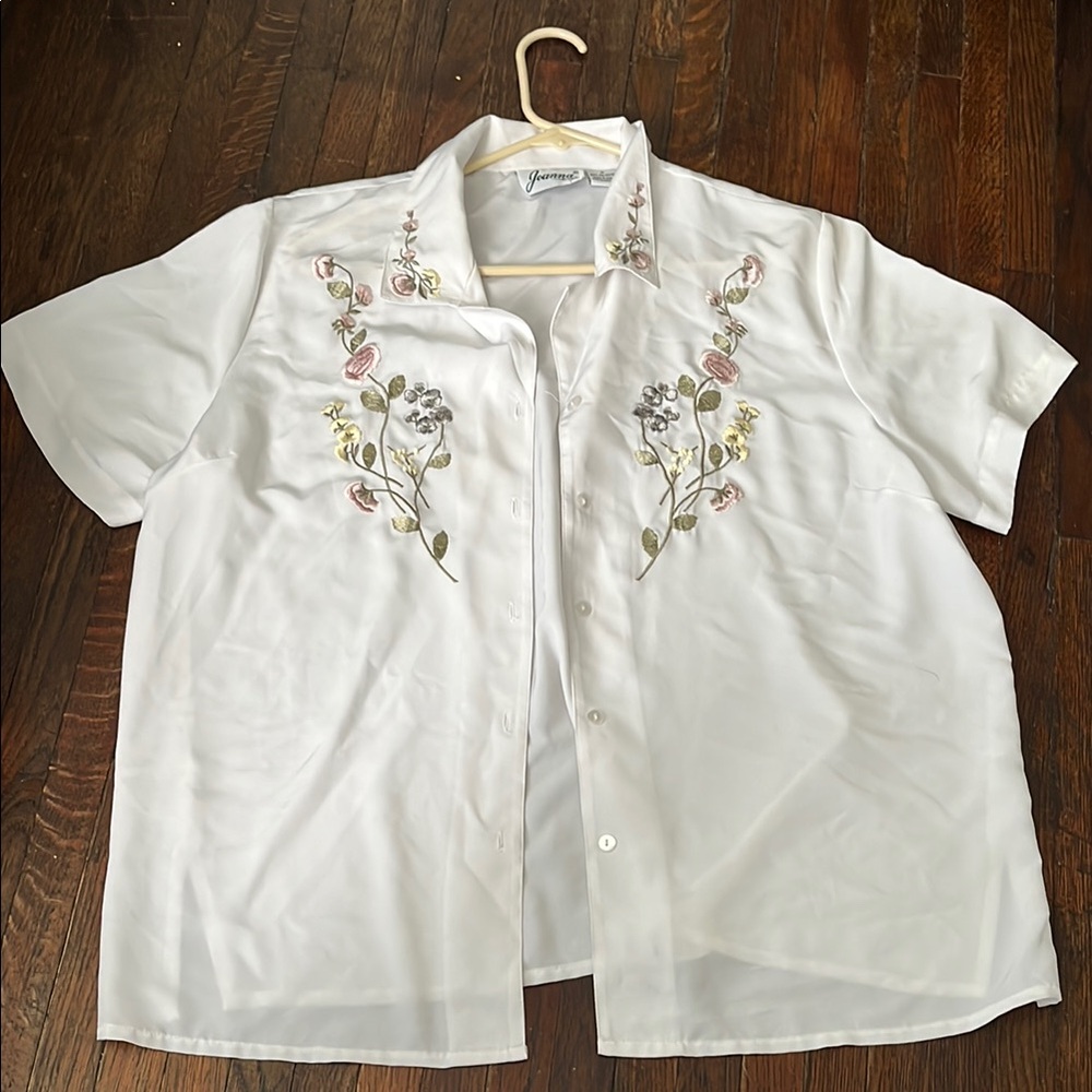 Floral Embroidered White Button Down Shirt